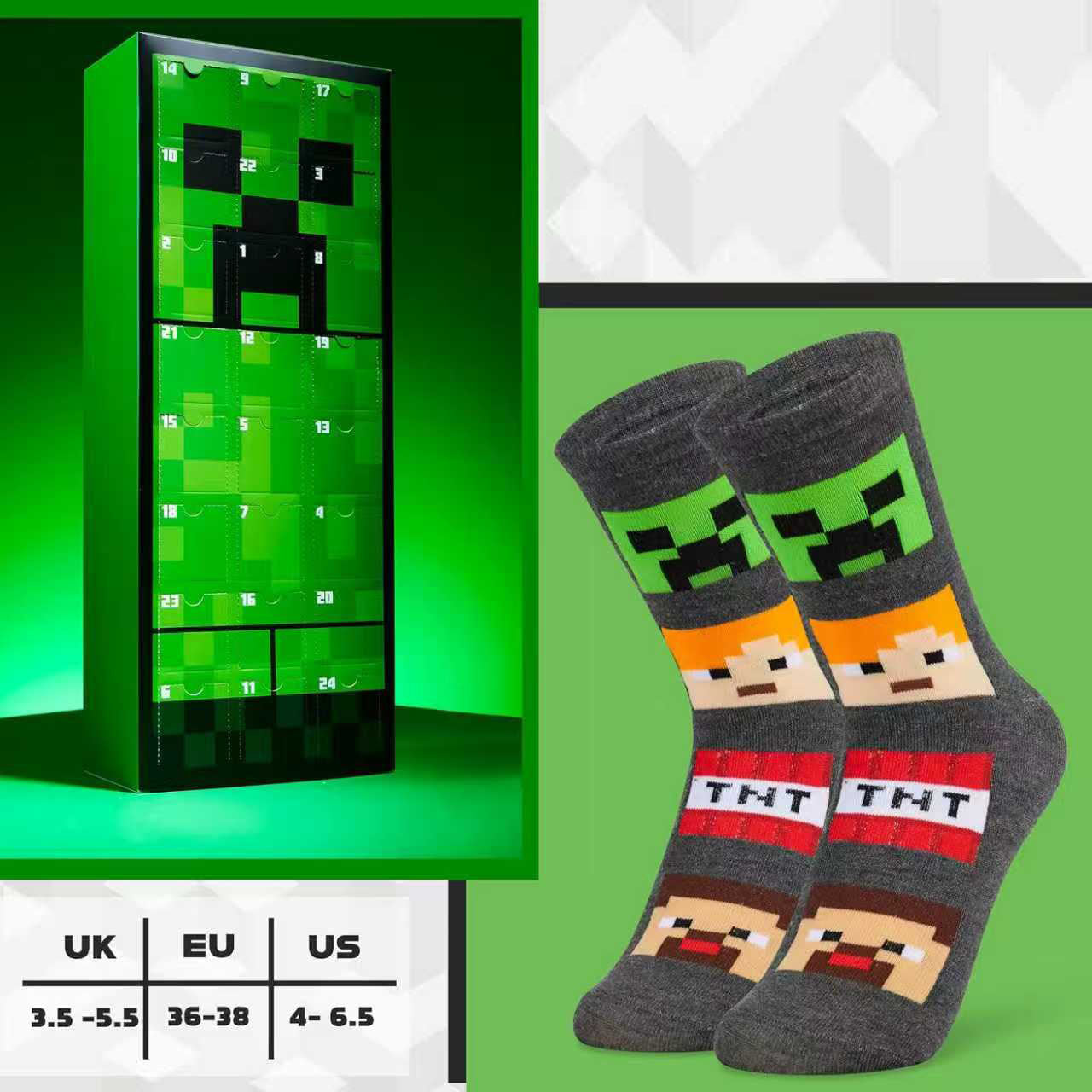 Minecraft Advent Calendar 2025 for Kids Teens 24 Pairs of Calf Boys Socks Christmas Countdown Calendar Creeper TNT Xmas Surprise Gifts for Gamers