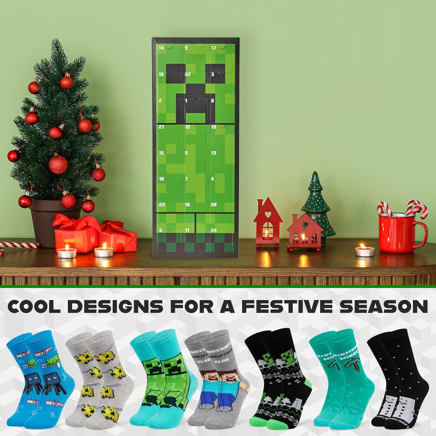 Minecraft Advent Calendar 2025 for Kids Teens 24 Pairs of Calf Boys Socks Christmas Countdown Calendar Creeper TNT Xmas Surprise Gifts for Gamers