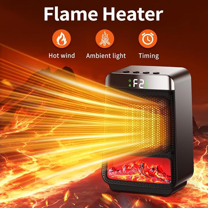 Portable Space Heater,3D Imitation Flame Space Heater,1500W Electric PTC Ceramic Heater with Thermostat, 1-2-4-8H Timer Function,Overheat and Tip-over Protection,70° Oscillation,Energy-Saving-ECO-Mode