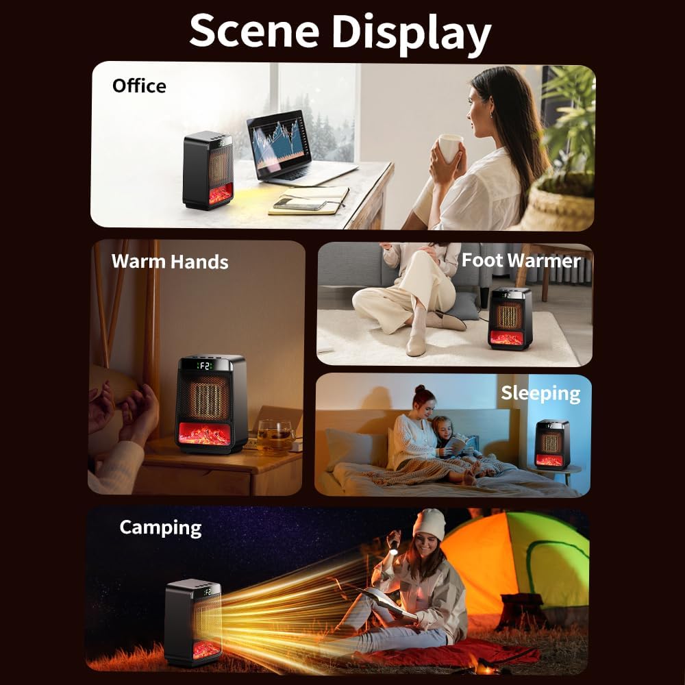 Portable Space Heater,3D Imitation Flame Space Heater,1500W Electric PTC Ceramic Heater with Thermostat, 1-2-4-8H Timer Function,Overheat and Tip-over Protection,70° Oscillation,Energy-Saving-ECO-Mode