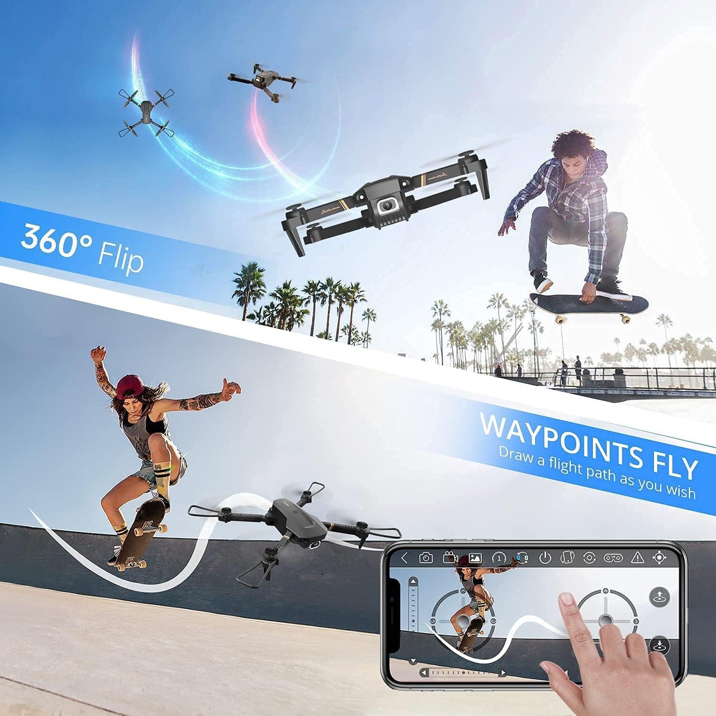 Drone with 1080P HD Camera for Adults and Kids, Foldable Quadcopter with Wide Angle FPV Live Video, Trajectory Flight, App Control,Optical Flow, Altitude Hold and 2 Modular Batteries