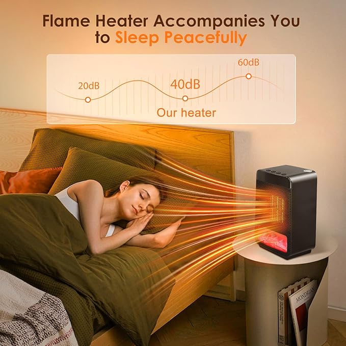 Portable Space Heater,3D Imitation Flame Space Heater,1500W Electric PTC Ceramic Heater with Thermostat, 1-2-4-8H Timer Function,Overheat and Tip-over Protection,70° Oscillation,Energy-Saving-ECO-Mode
