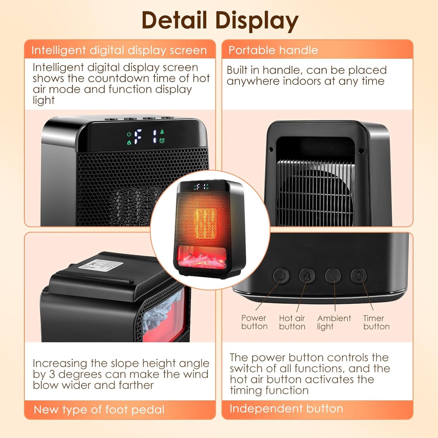 Portable Space Heater,3D Imitation Flame Space Heater,1500W Electric PTC Ceramic Heater with Thermostat, 1-2-4-8H Timer Function,Overheat and Tip-over Protection,70° Oscillation,Energy-Saving-ECO-Mode