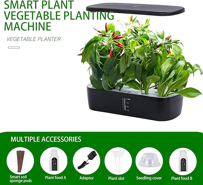 Hydroponics Growing System, Smart Indoor Garden Starter Kit with LED Grow Light, Smart Gardening Kits for Home Kitchen, Automatic Timer Germination Kit, Height Adjustable Black