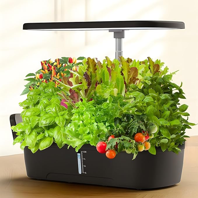 Hydroponics Growing System, Smart Indoor Garden Starter Kit with LED Grow Light, Smart Gardening Kits for Home Kitchen, Automatic Timer Germination Kit, Height Adjustable Black