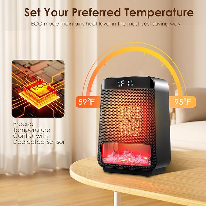 Portable Space Heater,3D Imitation Flame Space Heater,1500W Electric PTC Ceramic Heater with Thermostat, 1-2-4-8H Timer Function,Overheat and Tip-over Protection,70° Oscillation,Energy-Saving-ECO-Mode