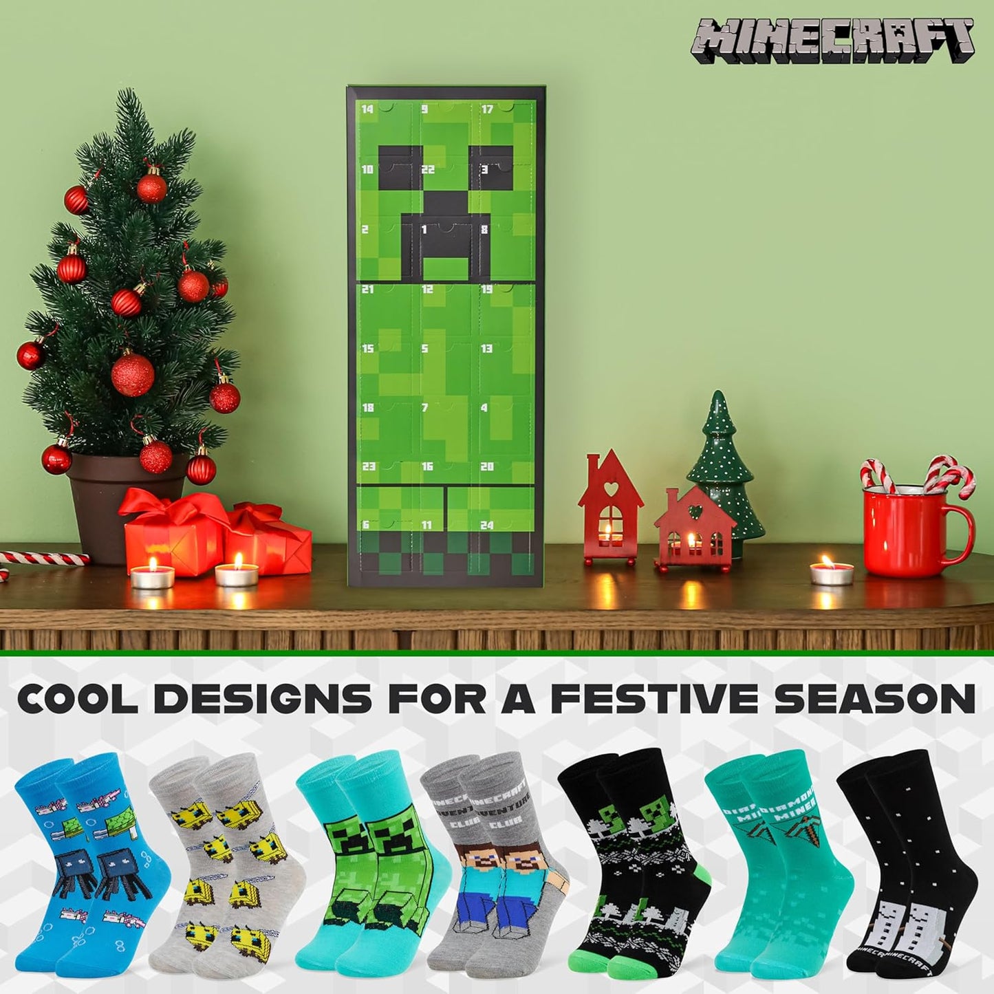 Minecraft Advent Calendar 2025 for Kids Teens 24 Pairs of Calf Boys Socks Christmas Countdown Calendar Creeper TNT Xmas Surprise Gifts for Gamers