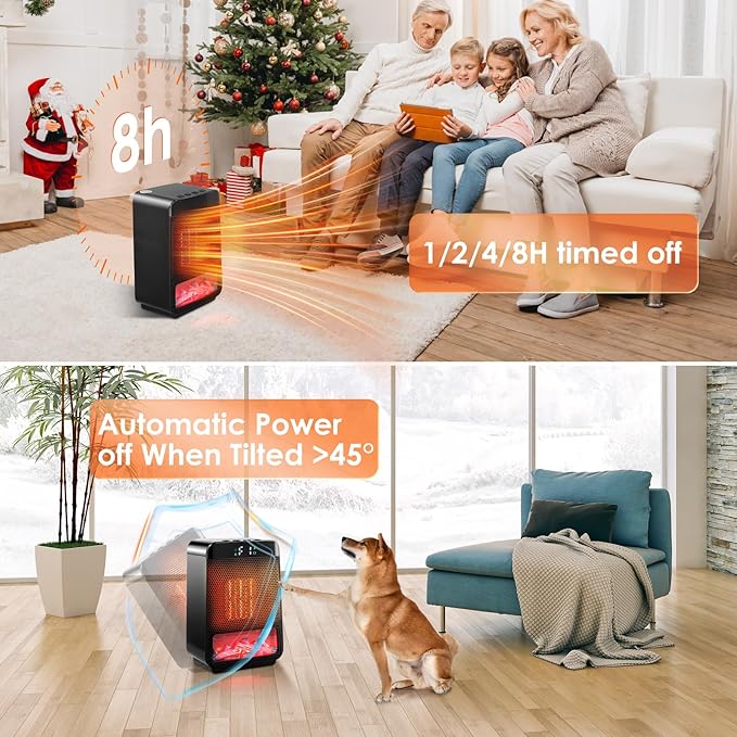 Portable Space Heater,3D Imitation Flame Space Heater,1500W Electric PTC Ceramic Heater with Thermostat, 1-2-4-8H Timer Function,Overheat and Tip-over Protection,70° Oscillation,Energy-Saving-ECO-Mode
