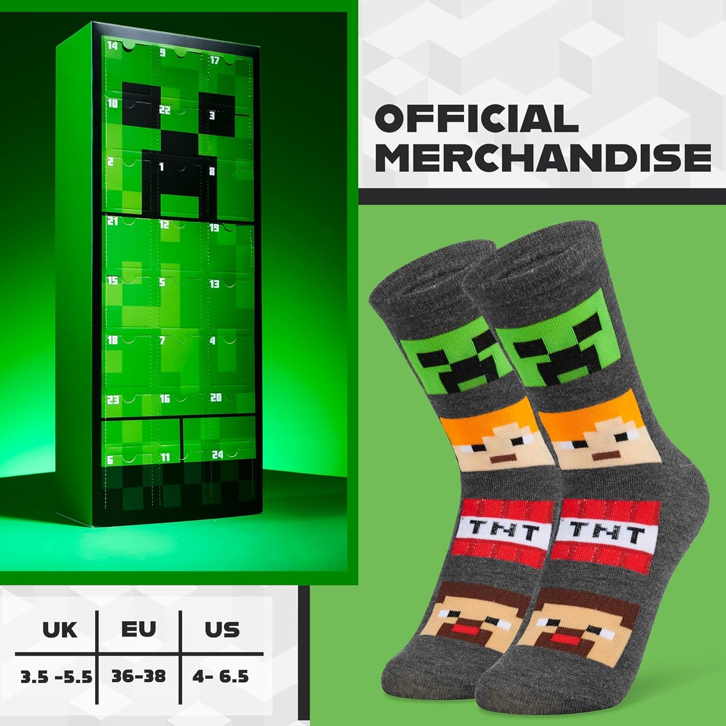 Minecraft Advent Calendar 2025 for Kids Teens 24 Pairs of Calf Boys Socks Christmas Countdown Calendar Creeper TNT Xmas Surprise Gifts for Gamers