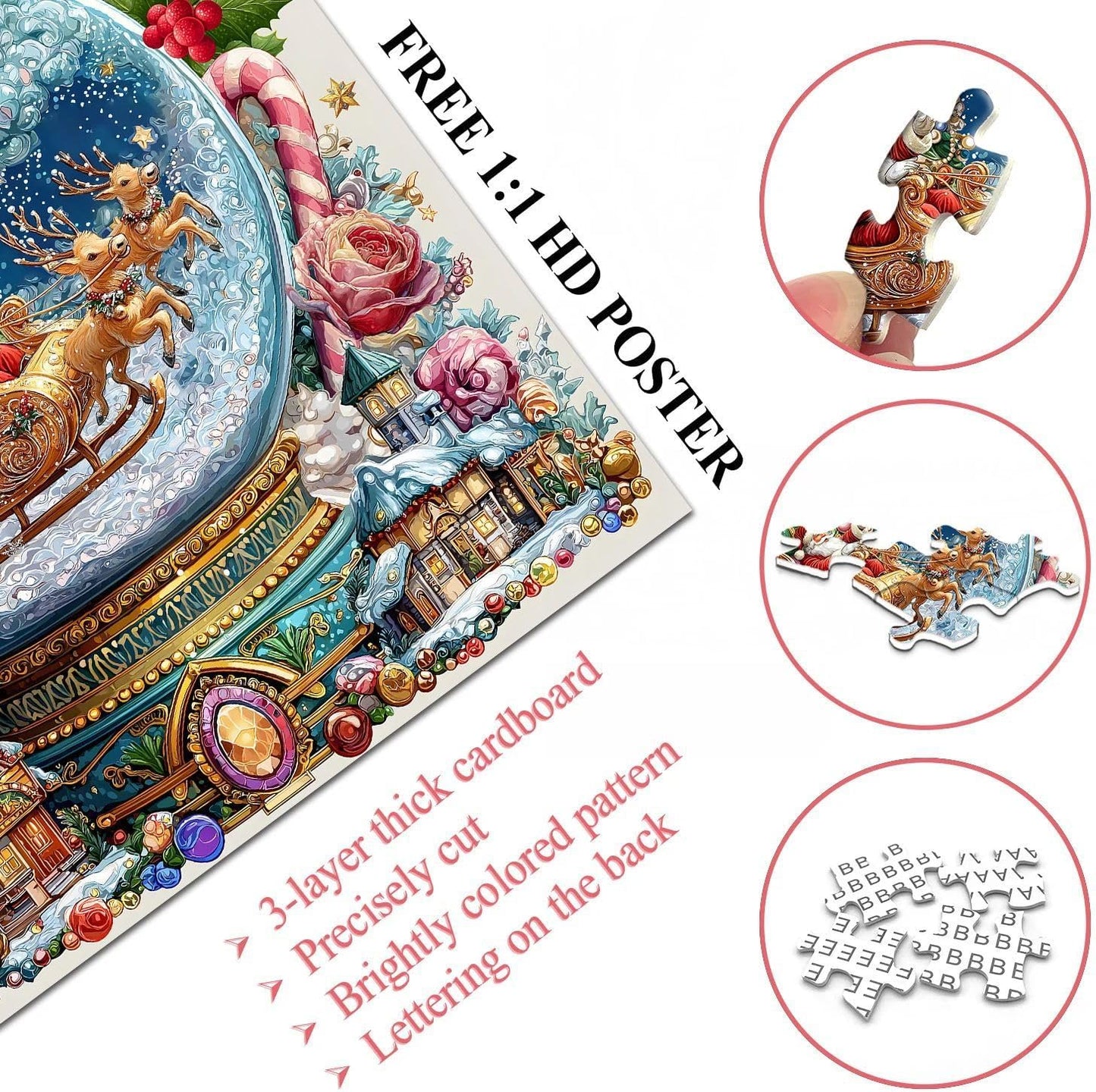 Christmas Crystal Ball Jigsaw Puzzle, 1000 Pieces, Winter Snow Globe Scene, Santa's Sleigh Design, Ages 14+