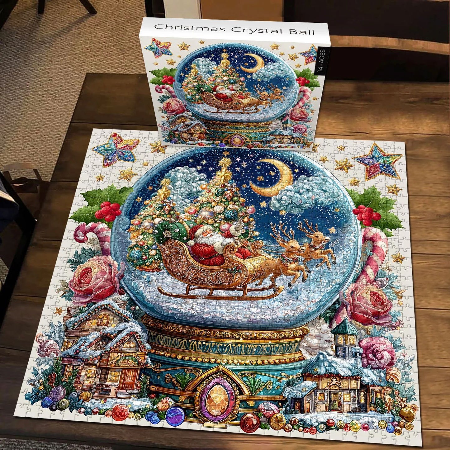 Christmas Crystal Ball Jigsaw Puzzle, 1000 Pieces, Winter Snow Globe Scene, Santa's Sleigh Design, Ages 14+