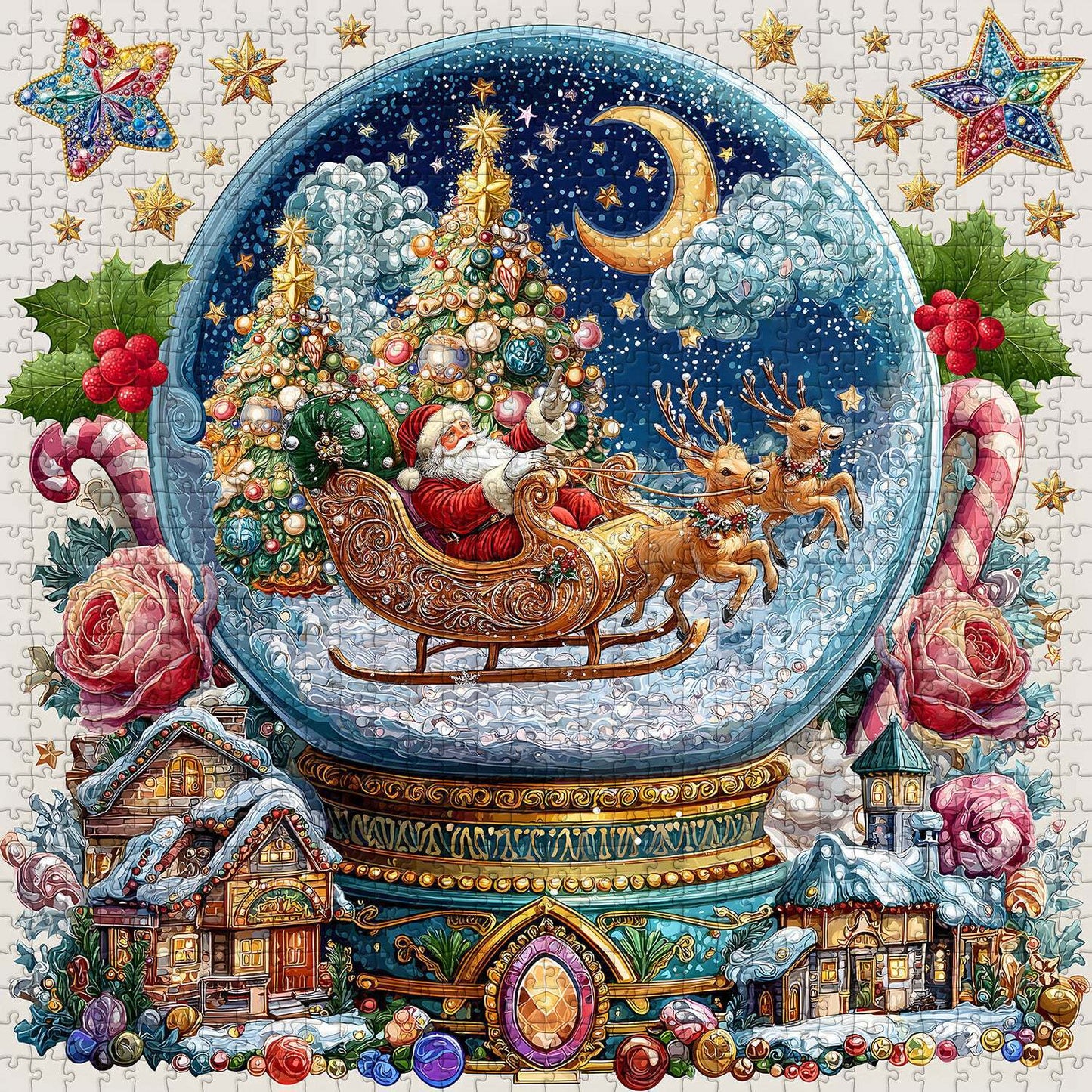 Christmas Crystal Ball Jigsaw Puzzle, 1000 Pieces, Winter Snow Globe Scene, Santa's Sleigh Design, Ages 14+
