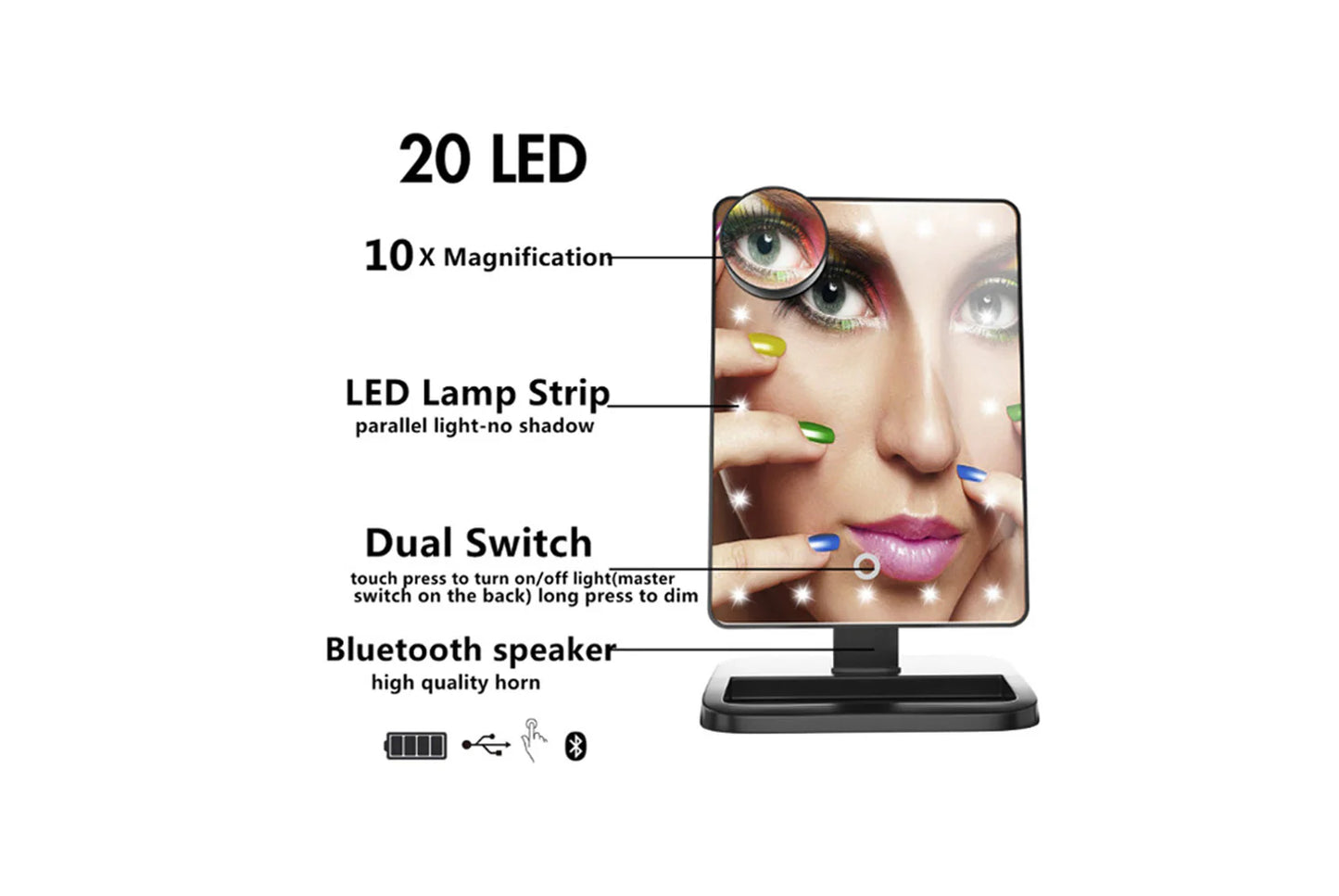 Bluetooth Music Makeup Mirror | 20 LED Lights | 10x Magnification | Touch Dimming | Phone Answering