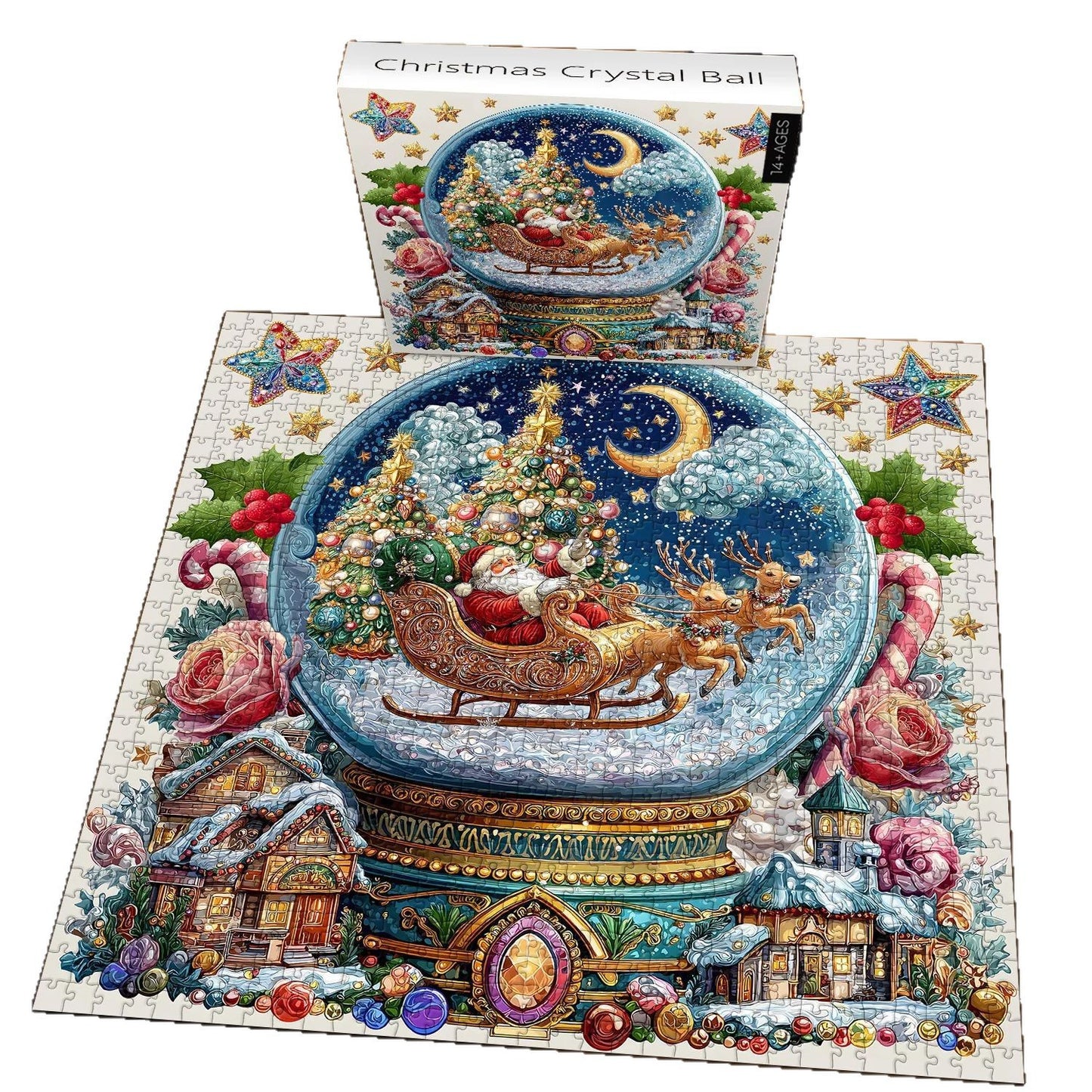 Christmas Crystal Ball Jigsaw Puzzle, 1000 Pieces, Winter Snow Globe Scene, Santa's Sleigh Design, Ages 14+