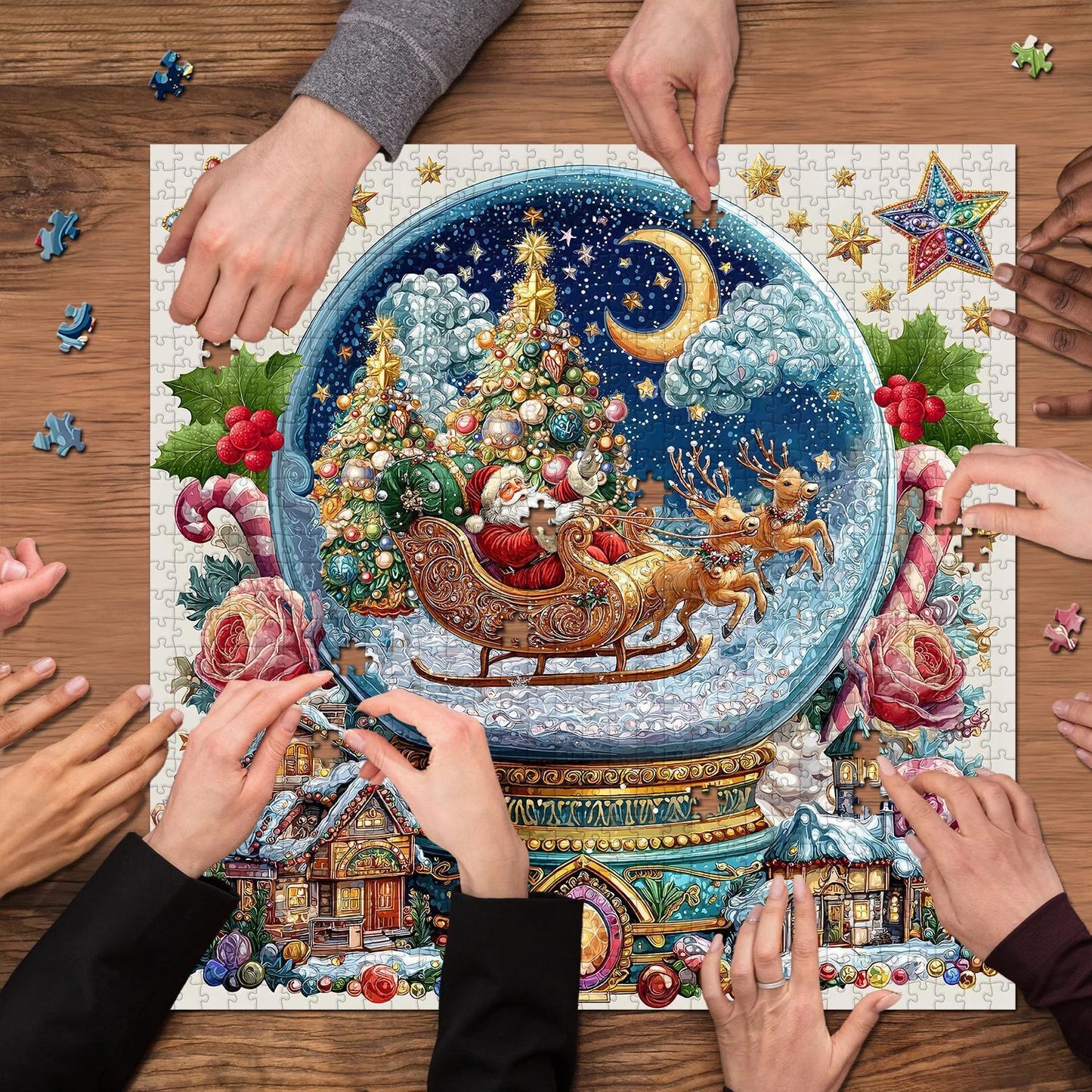 Christmas Crystal Ball Jigsaw Puzzle, 1000 Pieces, Winter Snow Globe Scene, Santa's Sleigh Design, Ages 14+