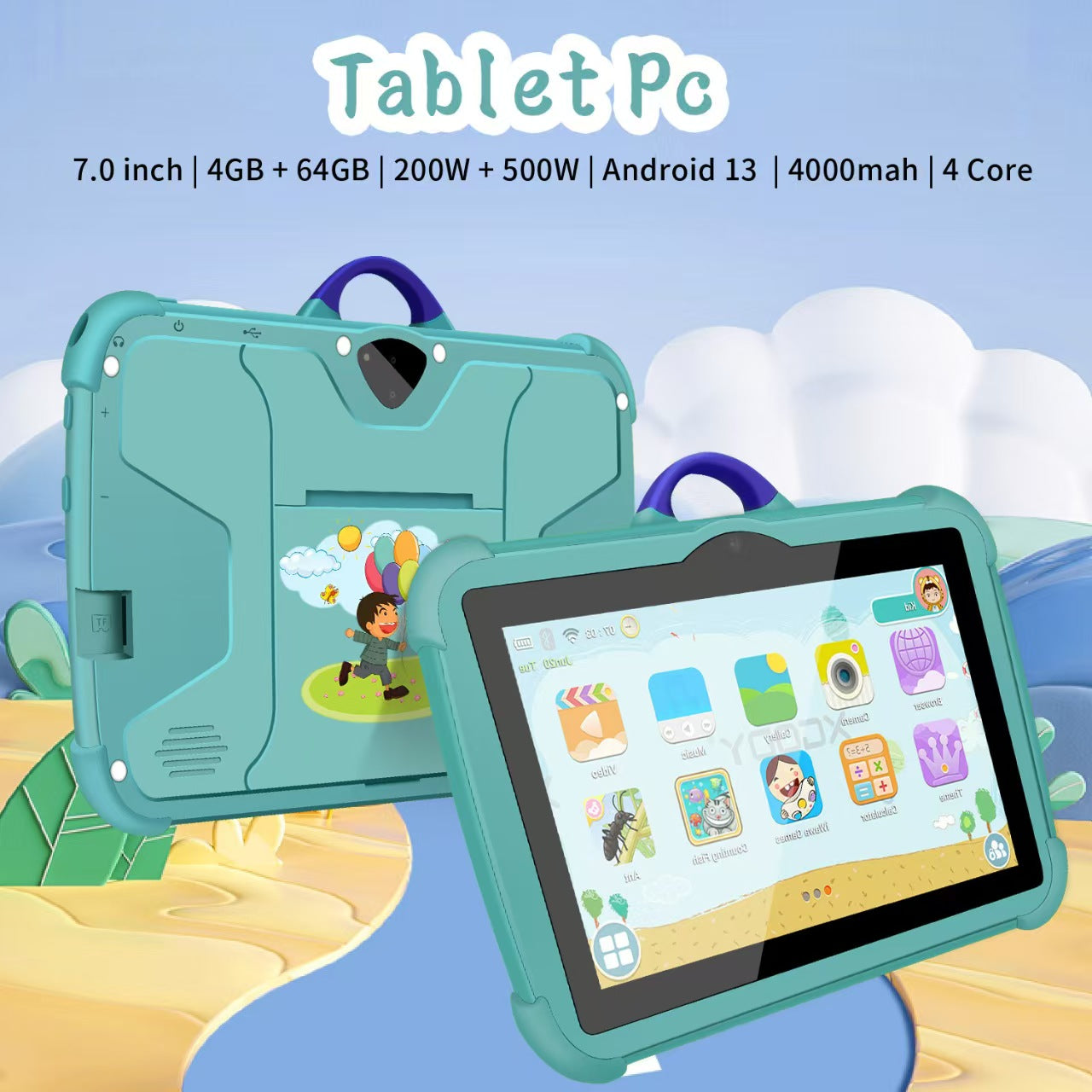 Kids Tablet 7 inch Android 13, 4GB RAM 64GB ROM, with Parental Control, WiFi,  Dual Camera with Silicone Case, 1PCS (orange）