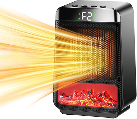 Portable Space Heater,3D Imitation Flame Space Heater,1500W Electric PTC Ceramic Heater with Thermostat, 1-2-4-8H Timer Function,Overheat and Tip-over Protection,70° Oscillation,Energy-Saving-ECO-Mode