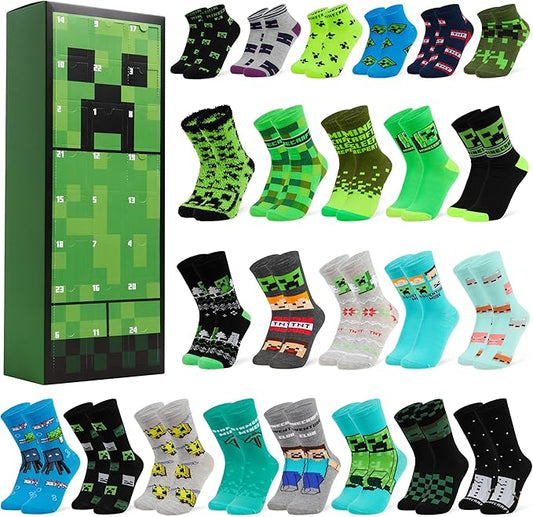 Minecraft Advent Calendar 2025 for Kids Teens 24 Pairs of Calf Boys Socks Christmas Countdown Calendar Creeper TNT Xmas Surprise Gifts for Gamers