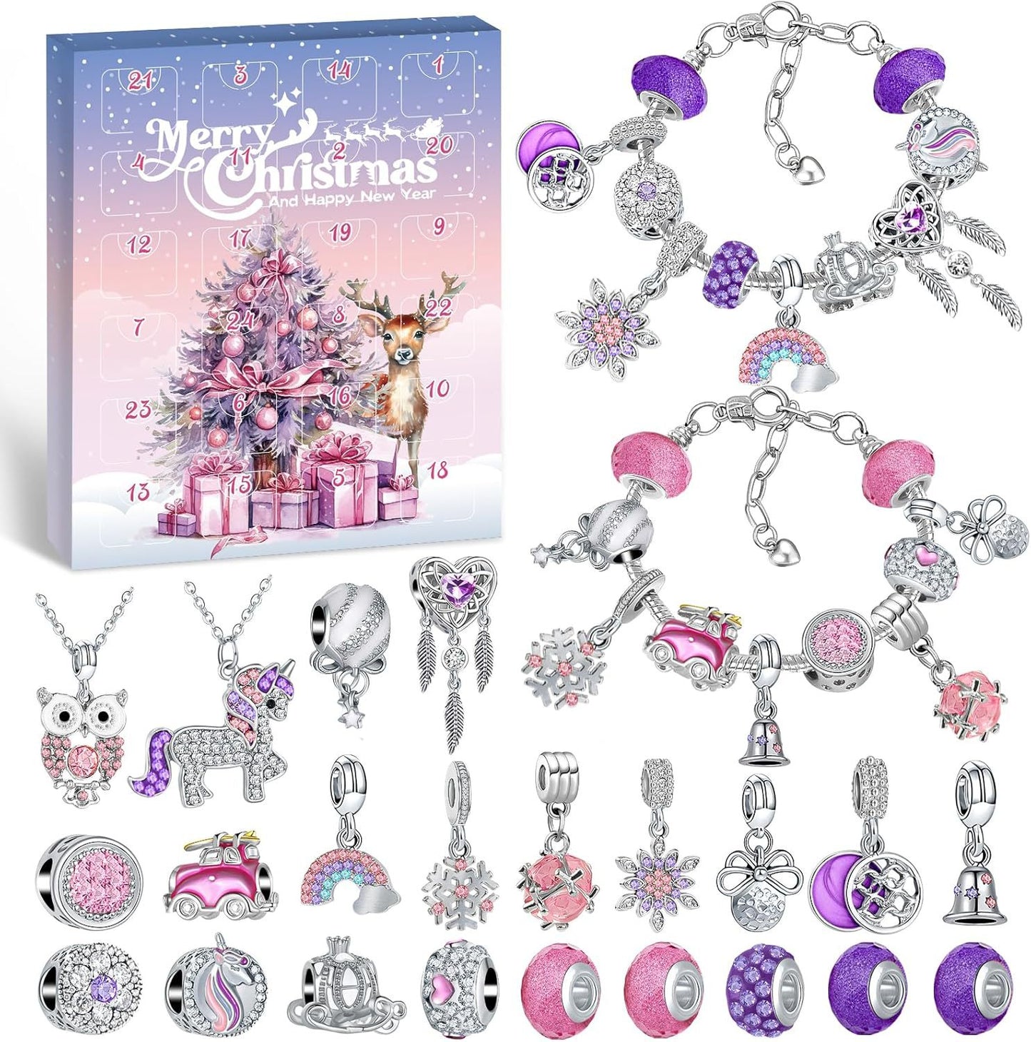 OuMuaMua 24 Days Christmas Advent Calendar 2025, Charm Bracelet Making Kit, Pink Charm Beads, Countdown Calendar DIY Jewelry Making Kit for Adults Women Teens Girls Kids Xmas Holiday Birthday Gifts