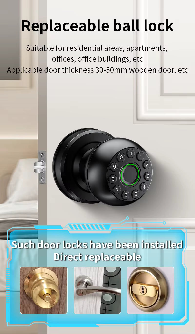 Interior Door Tuya SmartLife APP Smart Fingerprint Password Spherical Lock Dead Bolt For Home Wooden Metal Door